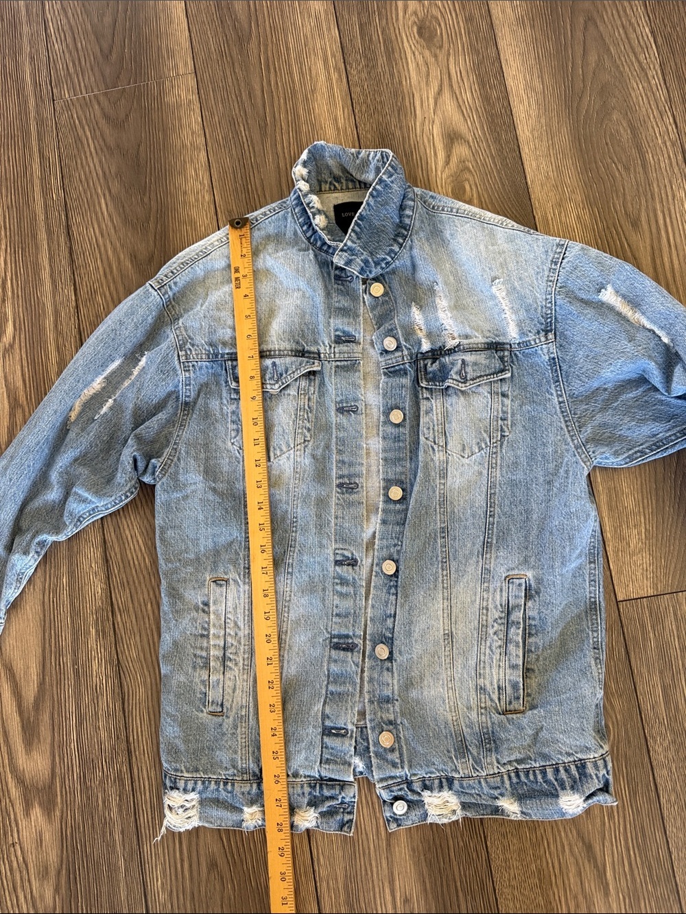Distressed Oversized Light Wash Denim Jacket Longline Trucker Grunge - Picture 4 of 6